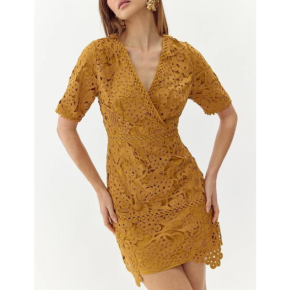 Adelyn Rae Floral Lace Dress - Mustard Yellow - Size M